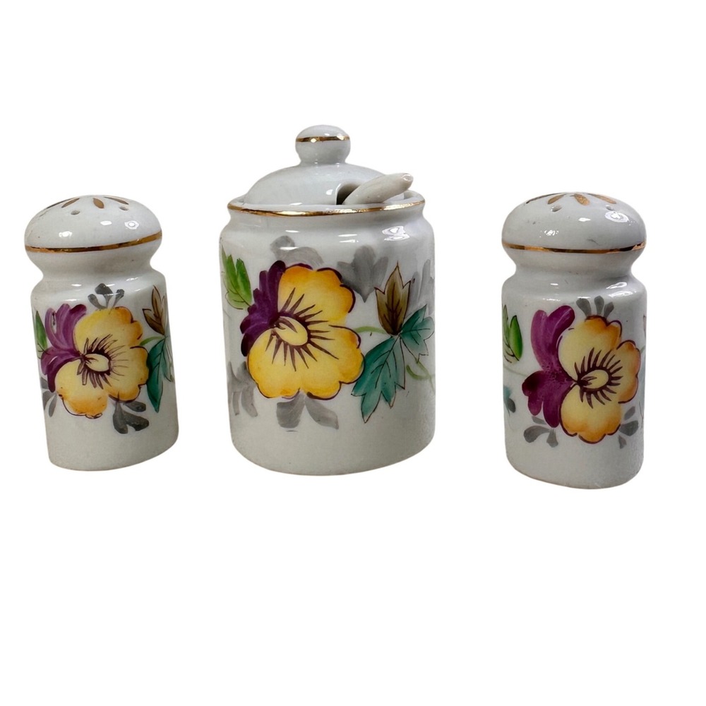 Vintage Occupied Japan Hand Painted Pansy Mustard Pot Salt Pepper Shaker Set